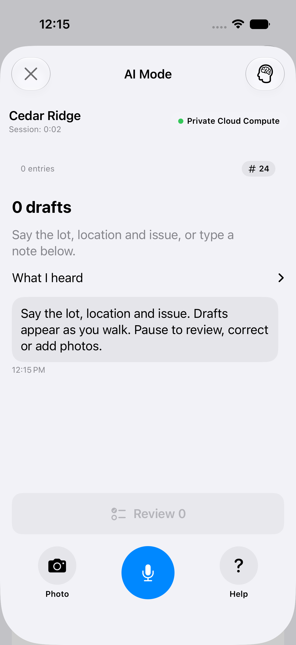 FastPunch AI Mode with project and lot context, photo controls and blue microphone button