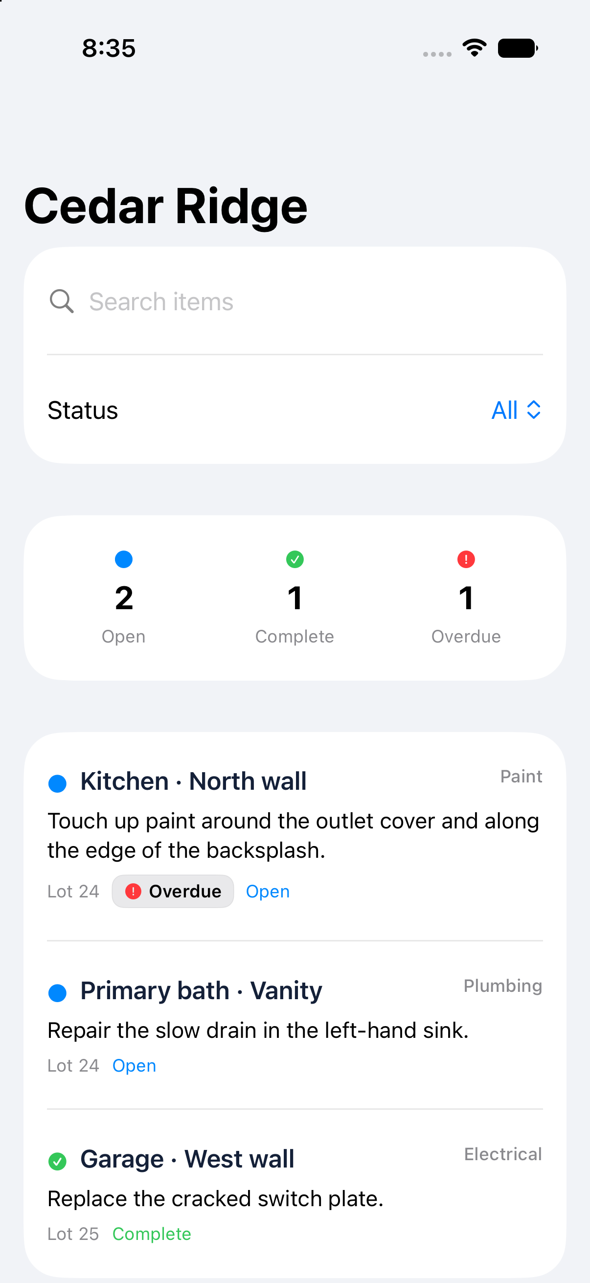 FastPunch Cedar Ridge item list showing locations, trades, lots and open, overdue and complete statuses